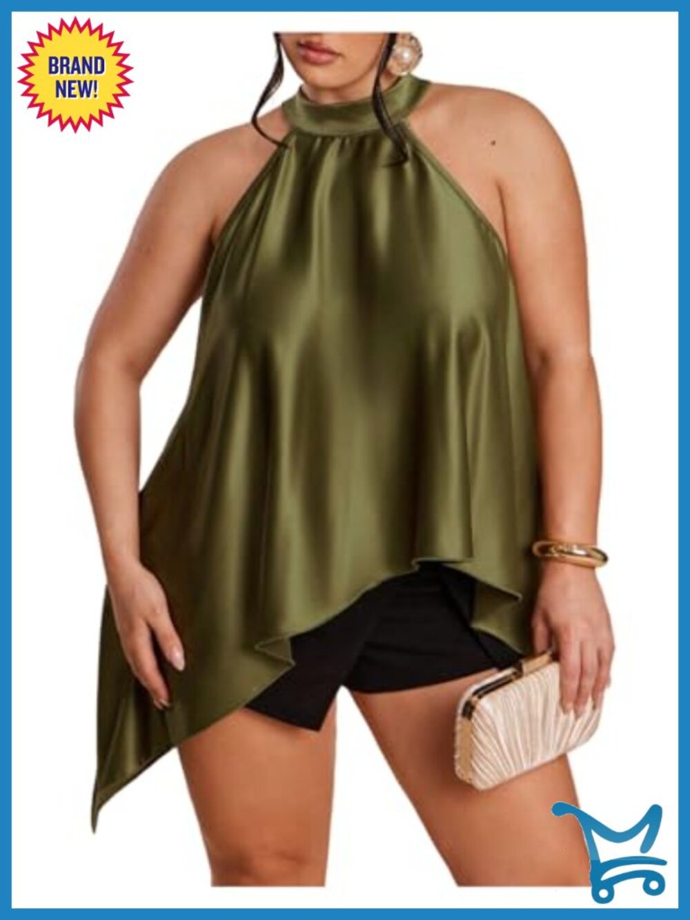 Plus Size Satin Halter Top Sleeveless Asymmetrical Hem Summer Going Out